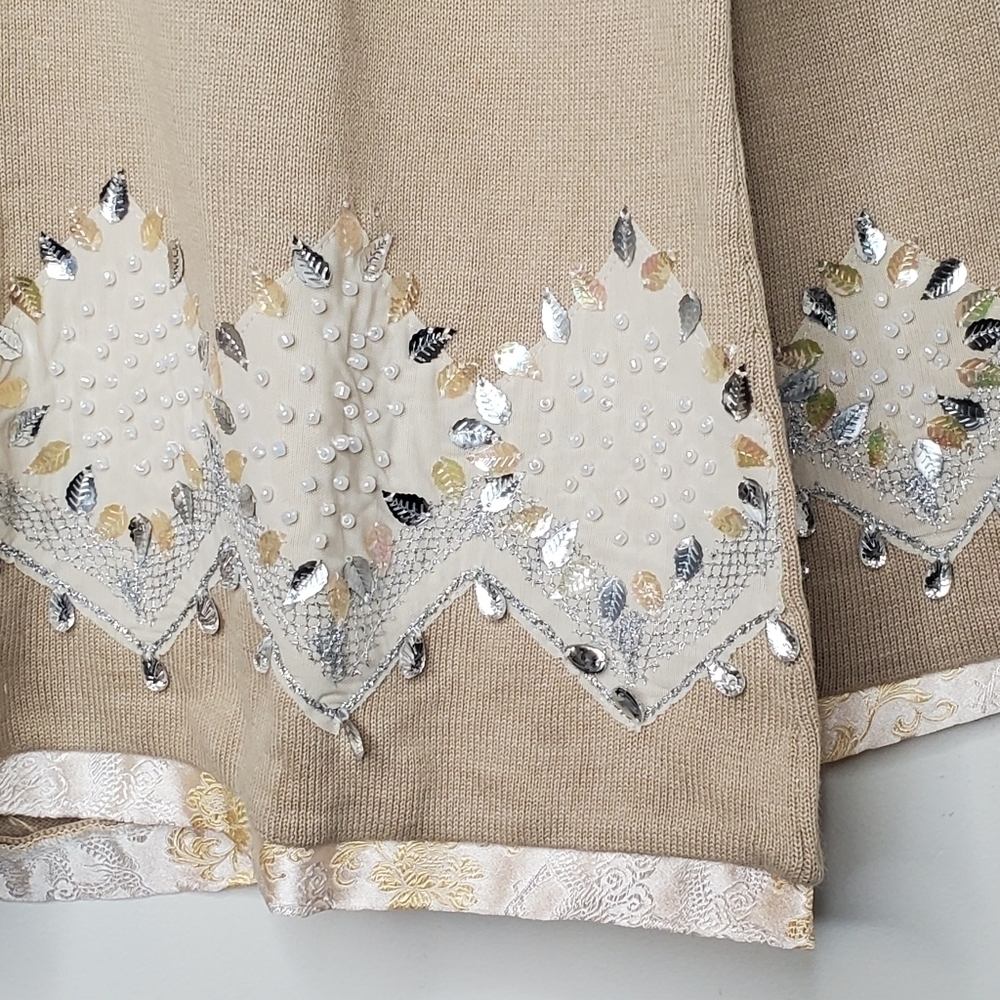 Storybook Knits Stunning Silver Cardigan Sweater, Silver and Gold Leaves Sz LG - Picture 6 of 13